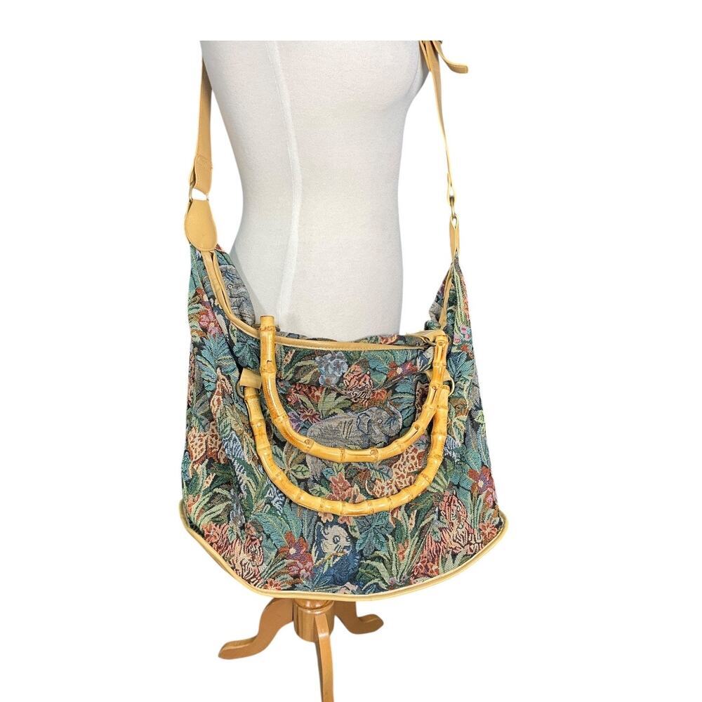 Tapestry Jungle Print Bamboo Handle Tote Bag - Multicolor - Picture 4 of 13